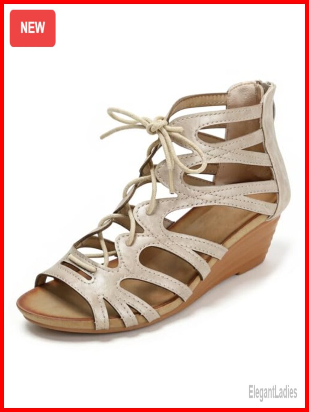 Faux Leather Hollow Wedge Roman Sandals with Back Zipper Peep Toe Lace-Up Dressy